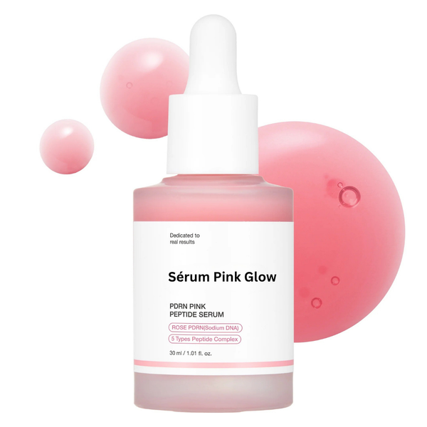 Sérum Pink Glow PDRN & Peptides — flacon rose, packshot fond blanc