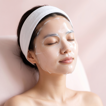 Femme portant le masque bio-collagène — le masque inclus dans le kit