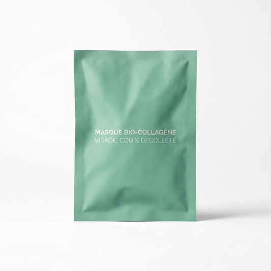 Masque collagène cou & décolleté hydratation intense — packshot studio fond blanc